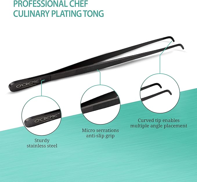 O'Creme Stainless Steel Precision Kitchen Tweezer Tongs with Serrated Tips for Gripping (10" Curved, Silver)