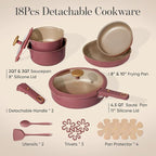 CAROTE 18Pcs Titanium Reinforced Nonstick Pots and Pans Set, Nonstick Cookware Set with Detachable Handle, Induction Kitchen Cookware Sets Removable Handles, Dishwasher Safe, Oven Safe, Red