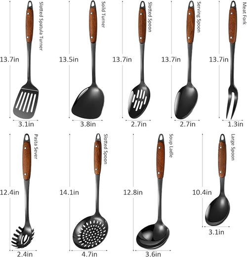 304 Stainless Steel Cooking Utensils Set,9PCS Metal Kitchen Utensils Set with Wooden Handle,Solid Spoon,Spatula,Ladle,Skimmer,Spaghetti Spoon,Dishwasher Safe(Black)