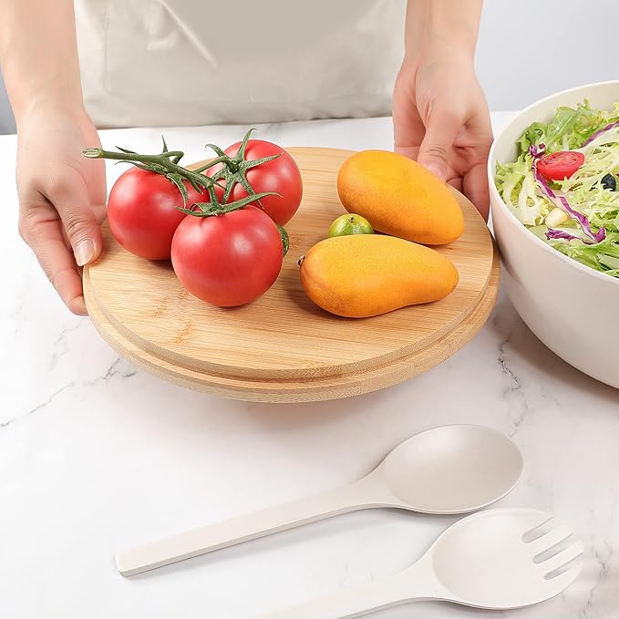 ECOWAY Bamboo Fiber Salad Bowl with Lid,Salad Maxing Bowl with Bamboo Lid and Utensils for Camping,Melamine Salad Bowls with 4 Serving Bowls,Spoon,Fork for Pasta and Fruits,(White,9.8inches)