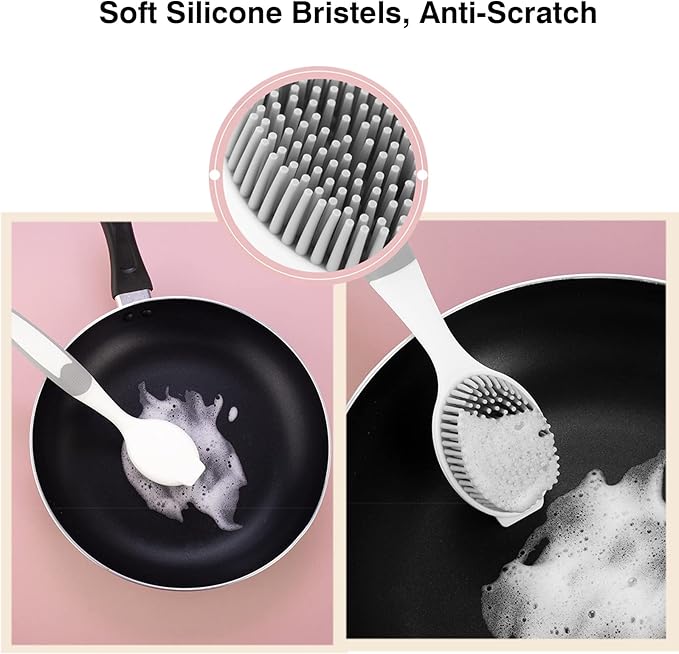 Dish Scrubber, Silicone Soft Bristles Scrub Brush with Scraper Tip, Comfortable Grip Brushes for Kitchen Sink, Pans, Pots, Skillet, Vegetable, Fruit, Potato Cleaning (White/Grey)