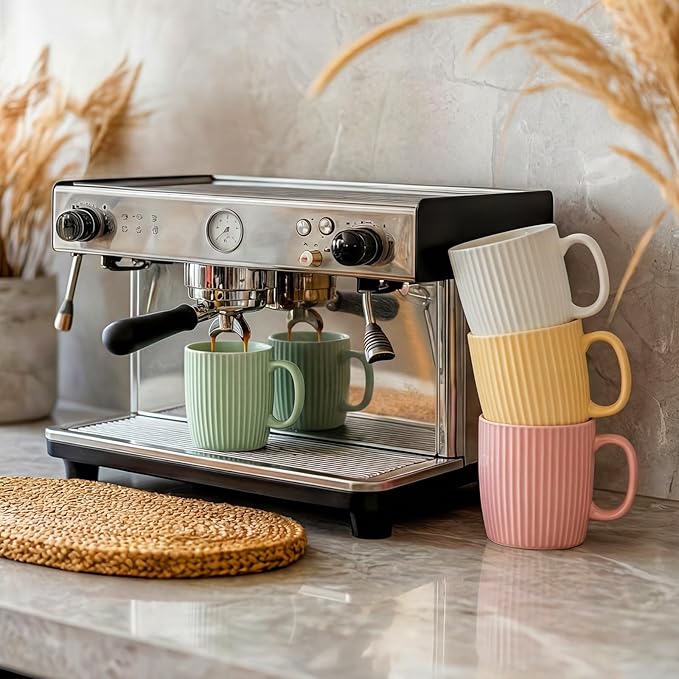 Coffee Mugs Set of 4, 14oz Ceramic Coffee Cups Set, Modern Ribbed Striped Coffee Cups with Large Handles for Latte, Tea, Cocoa, Dishwasher & Microwave Safe, Lead-Free, Stackable