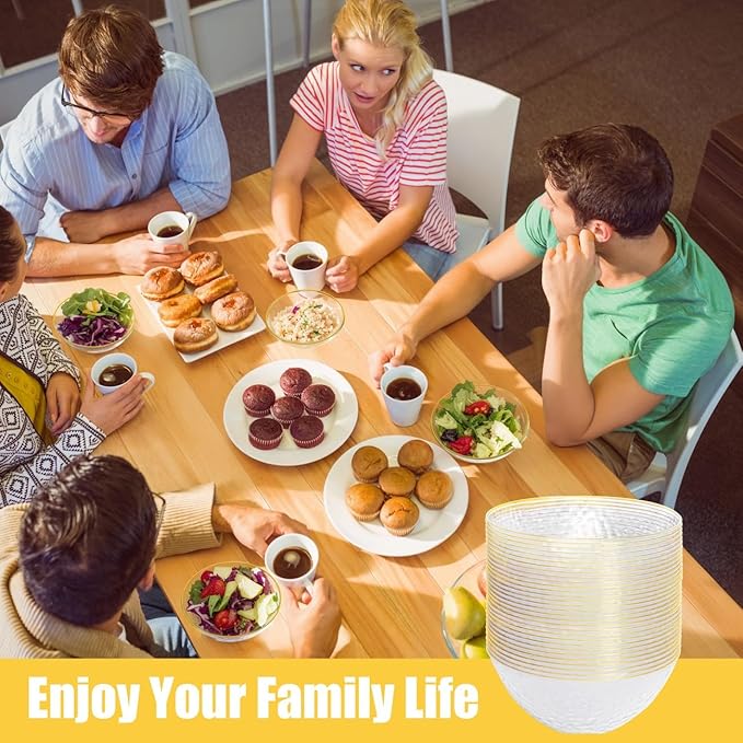 I00000 50 Pack 12 Ounce Clear Plastic Bowls Hammered with Gold Rimmed, Heavy Duty Disposable Bowl Set,Small Bowls for Wedding Day