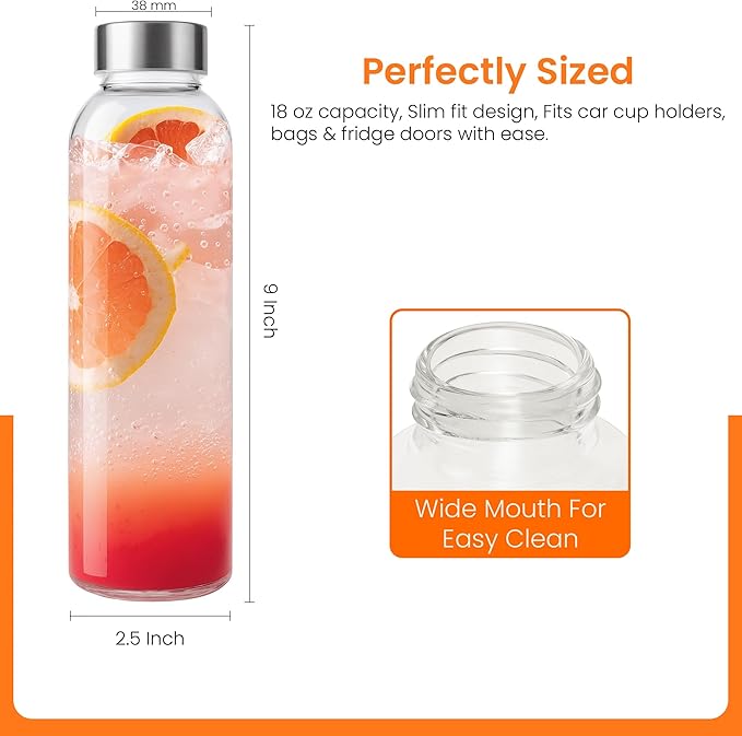 Epica Clear Glass Bottles with Lids, 18oz Resuable Glass Water Bottles for Juicing with Stainless Steel Cap to store Milk, Smoothie, etc., 100% Leak Proof, Durable and Dishwasher Safe (Set of 6)