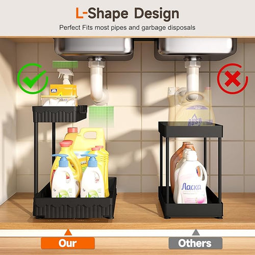 3 Pack Multi-Purpose Under Sink Organizers and Storage, 2026 L-Shaped Pull Out Cabinet Organizer for Bathroom & Kitchen, Under Cabinet Organizer with Hooks Hanging Cup (Black, 14.85 inch)