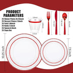 Ciaell 150 PCS Red Plastic Plates – Clear Hammered Disposable Plates with Red Rim include 50Plates, 25Forks, 25Knives, 25Spoons, 25Cups for Wedding & Party & Anniversary