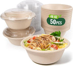 50-Pack 48oz Round Disposable Bowls with Lids - 100% Sugarcane Fiber, Paper Round Bowls for Soup, Salad, Ramen, Popcorn