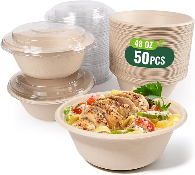 50-Pack 48oz Round Disposable Bowls with Lids - 100% Sugarcane Fiber, Paper Round Bowls for Soup, Salad, Ramen, Popcorn