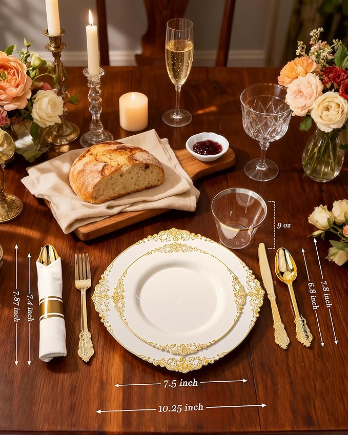 Nervure 175PCS Ivory Plastic Plates - Ivory Gold Plastic Dinnerware Sets for 25 Guests - 50 Gold Disposable Plates, 25 Pre Rolled Cutlery Set, 25 Cups Perfect for Wedding, Party