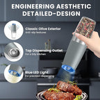 Gravity Electric Salt and Pepper Grinder set of 2, Automatic Salt And Pepper Grinder Set, Adjustable Roughness, Battery Powered, LED Light, 2 Pack, (Light Grey)