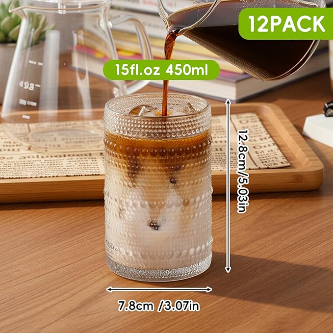 Moretoes Large Hobnail Drinking Glass Set of 12,15oz Clear Vintage Glassware,Embossed Glass Cups,Water Tumbler,Highball Glasses For Beer, Juice And Various Mixed Drinks