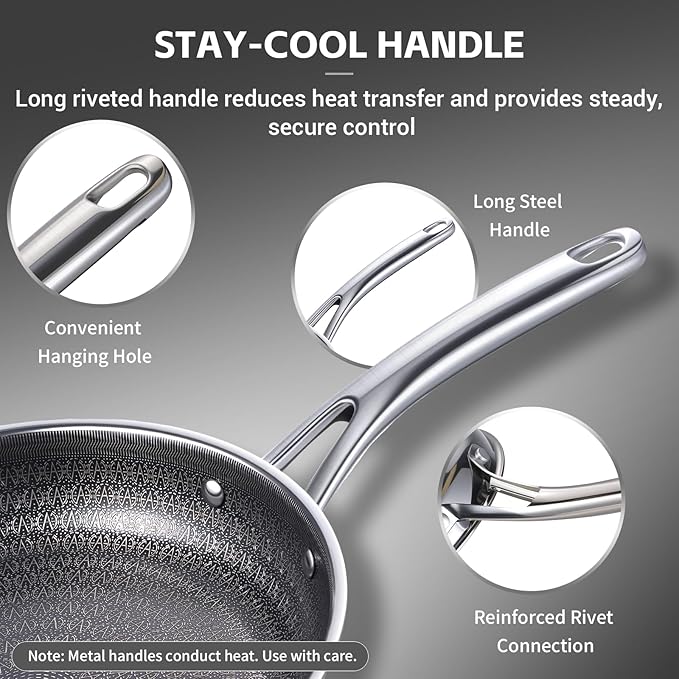 Ammeloo Hybrid Tri-Ply Stainless Steel Frying Pan Set, 8"/9.5"/11" Cooking Pans, Non Stick Frying Pans and Skillets, Chef Pan, Non Toxic, Dishwasher Safe, Induction Compatible, Black Interior