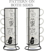 Signature Housewares Stackable Coffee Mug Tower Set with Metal Wire Rack - 15 Ounce Coffee Mugs for Coffee, Tea, Cocoa, Milk, Cappuccino, Hot Chocolate Set of 4 - Cat's Life