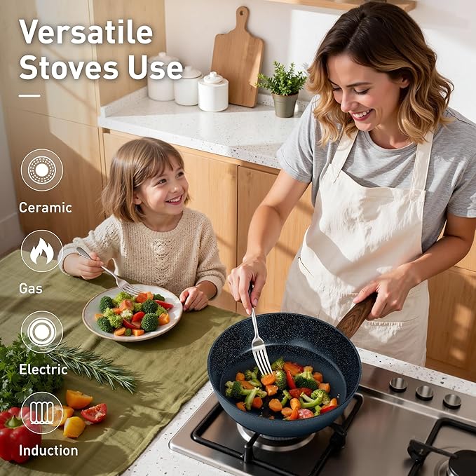 DisDelight Induction Pots and Pans Set Non Stick, Nonstick Granite Kitchen Cookware Sets, Blue Cooking Pans, PFOA & PFOS Free