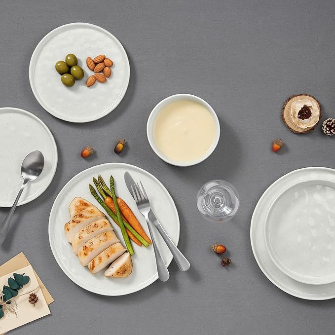 E-far 8-Piece Plates and Bowls Sets with Pasta Bowls - Stoneware Dinnerware Set for 2, Modern Ribbed Speckled White Dishes, Microwave & Dishwasher Safe