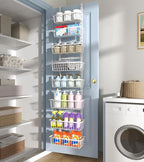 White 12 Inch Wide Narrow Over The Door Pantry Organizer, Pantry Organization and Storage, 8-Tier Metal Hanging Deep Basket Wall Spice Rack Seasoning Shelves, Home & Kitchen Essentials