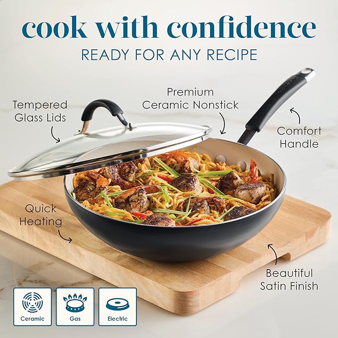 Rachael Ray Cucina Ceramic Nonstick Stir Fry Pan and Lid, 11 Inch Non Stick Wok Pan, Dishwasher Safe - Peppercorn