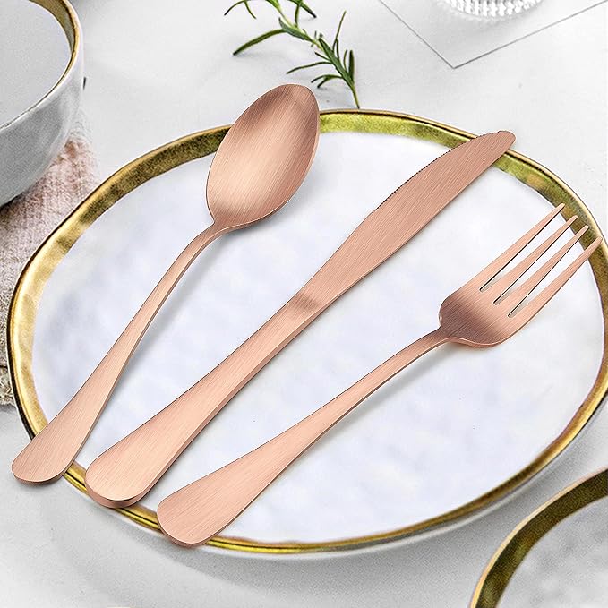 LIANYU 40 Piece Matte Copper Silverware Set, Stainless Steel Rose Gold Flatware Cutlery Set for 8, Fancy Kitchen Utensil Tableware for Home Restaurant Party, Satin Finish, Dishwasher Safe