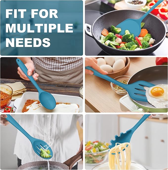 TeamFar Silicone Cooking Utensils Set, 5-Piece Heat Resistant Kitchen Utensils Set, Nonstick Slotted Solid Spoon Turner Pasta Server for Frying, Serving, Mixing, Non-Toxic & Dishwasher Safe, Dark Blue