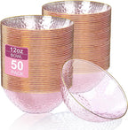 Rubtlamp 50 Pack Clear Pink Disposable Bowls, Clear Plastic Bowls with Gold Rim, 12-16oz Premium Heavy Duty Plastic Dinner Bowls for Party, Wedding and Holiday