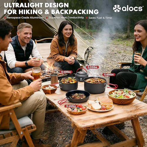 Alocs Camping Cookware Set Camping Gear, Compact Camping Pots and Pans Set, Durable Hard Alumina Camping Cooking Set for Outdoor Backpacking Camping Hiking Picnic, Included Mesh Carry Bag