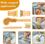 SAMEBUTECO Bamboo Dish Brushes Sets 4 Tools in One Kitchen Clean Dish Scrubber for Pots Pans Bottles with Natural Bristles (Bamboo Brushes Sets)