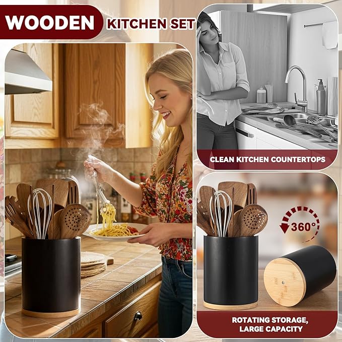 11 Pcs Wooden Kitchen Utensils Set with 360° Rotating Holder 7.3" x 5.9" Acacia Wood Cooking Utensils with Holder Cooking Spoons Spatulas for Nonstick Cookware Countertop Kitchen(Black)
