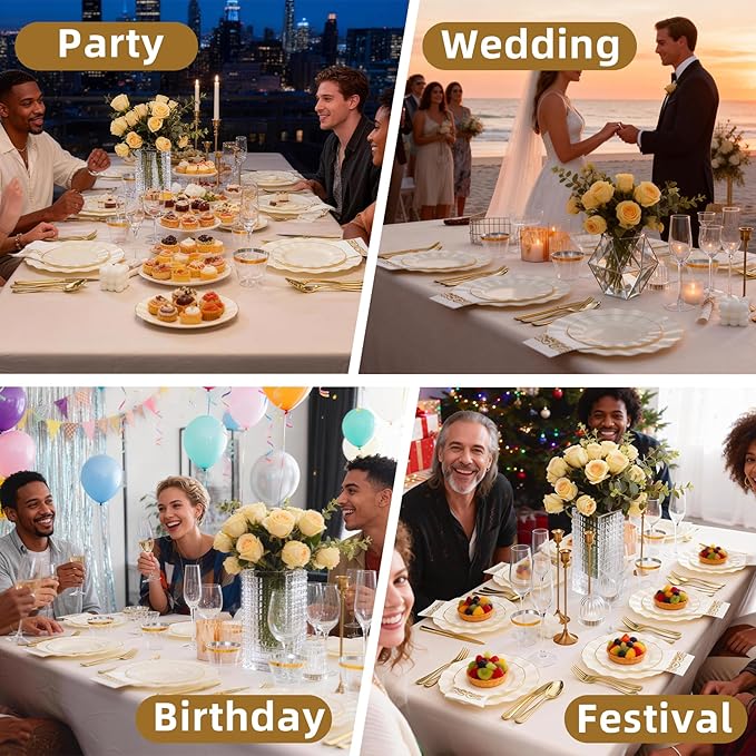 175PCS Gold and Ivory Plastic Dinnerware Set, Plastic Party Plates for 25 Guests, 50 Disposable Plates, 25 Heavy Duty Silverware, 25 Cups, 25 Napkins for Party and Wedding