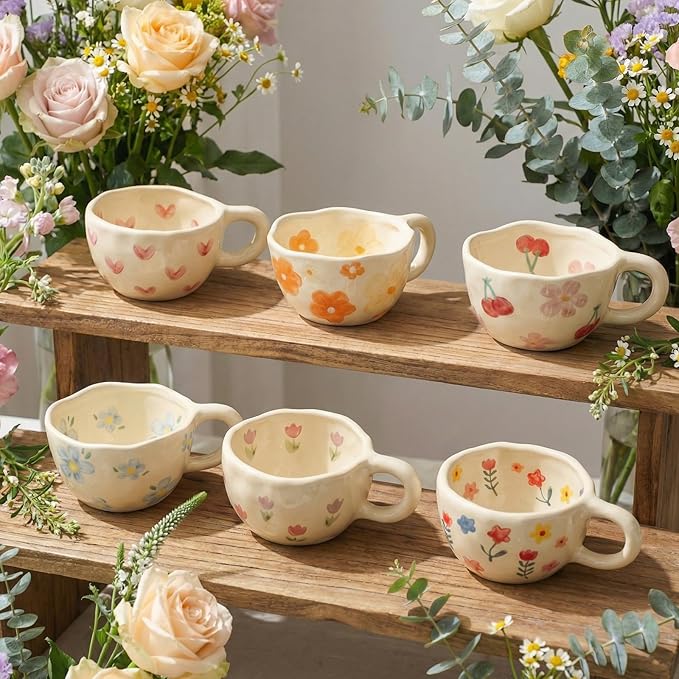 Maxdot 6 Pcs 12oz Ceramic Coffee Mugs Sets Glazing Process Cappuccino Mug Floral Ceramic Tea Cups Mother's Day Idea Gift for Women Mom Porcelain Cup for Coffee, Cocoa, Tea, Latte (Cute)