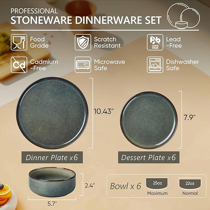 Herogo 18 Pieces Stoneware Dinnerware Set Service for 6, Dinner Plates and Bowls Sets, Double Reactive Glaze Dishes Set for Kitchen, Scratch Resistant, Microwave & Dishwasher Safe, Moss Green