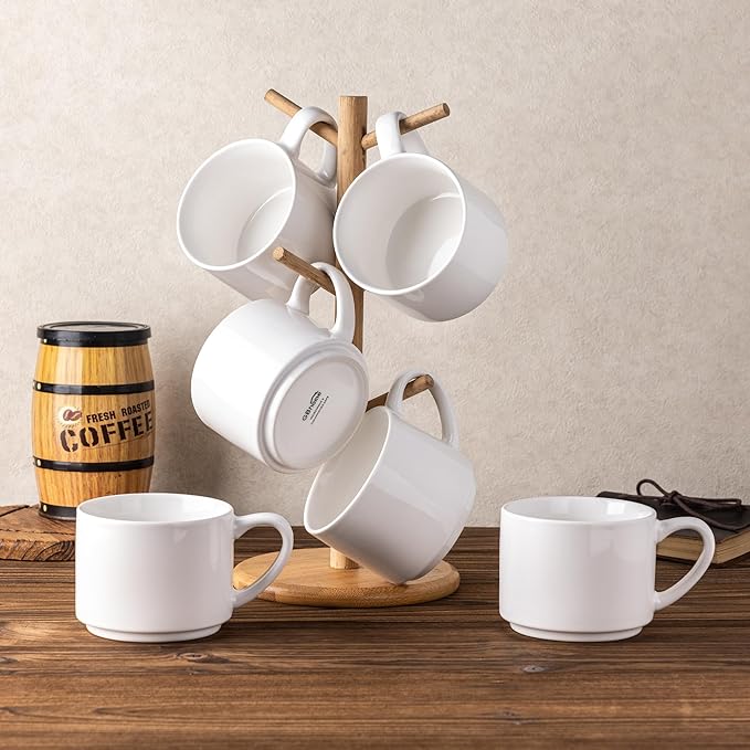 GBhome 14 OZ Coffee Mugs Set of 6, Stackable Ceramic Mugs for Men, Women, Modern Coffee Mugs With Stable Base for Latte,Tea,Cappuccino. Dishwasher & Microwave Safe, White