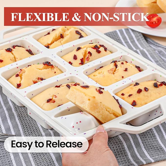 FUNBAKY Mini Loaf Pans with Metal Frame - Silicone Mini Bread Loaf Pans 8-Cavity BPA Free Nonstick for Baking Banana Bread, Cakes, Brownies, Meatloaf 2 Pack