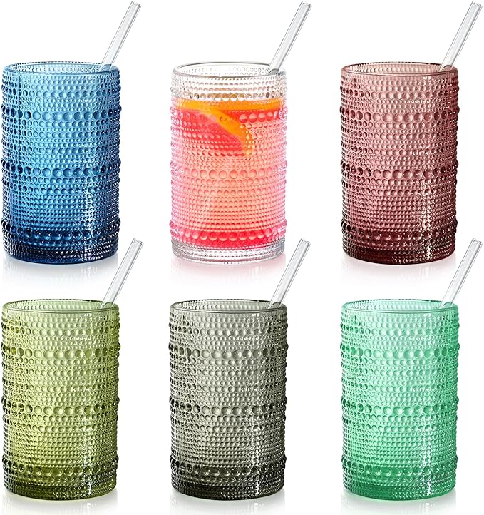 15 oz Colored Hobnail Drinking Glasses with Straws,Vintage Glassware Set of 6,Embossed Highball Cups Textured Glass Cups for Kitchen,Beer,Juice,Cocktail,Whiskey, Milk