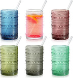 15 oz Colored Hobnail Drinking Glasses with Straws,Vintage Glassware Set of 6,Embossed Highball Cups Textured Glass Cups for Kitchen,Beer,Juice,Cocktail,Whiskey, Milk
