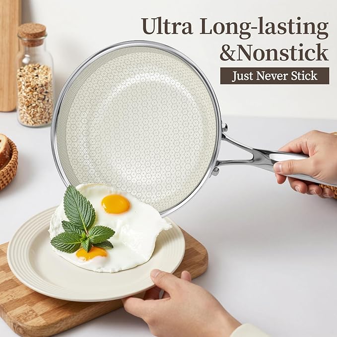 8 Inch Non Stick Frying Pan with Lid, Ceramic Hybrid Tri-Ply Stainless Steel Nonstick Skillet W/Lid, Small No Toxic Cooking Pans Induction Egg Frying Pan W/Stay Cool Handle, PFAS/PFOA/PTFE Free