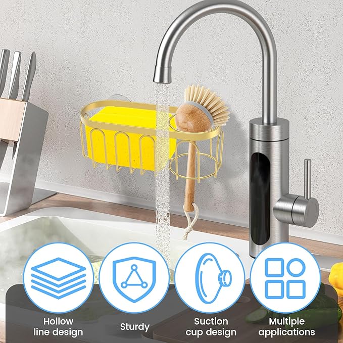2Pcs Sponge Holder for Kitchen Sink, Gold Suction Cup Caddy, No-Drilling & Easy to Remove, 304 Stainless Steel, Heat-Resistant Sponge and Brush Holder, Bathroom Safe, Fit for Sponge/Soap/Dish Cloth