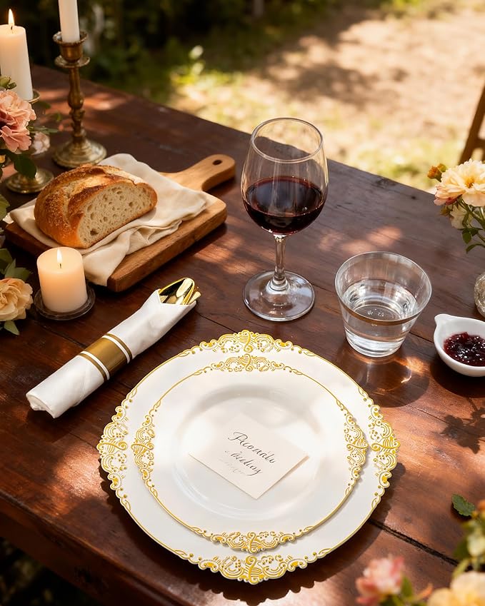 Nervure 175PCS Ivory Plastic Plates - Ivory Gold Plastic Dinnerware Sets for 25 Guests - 50 Gold Disposable Plates, 25 Pre Rolled Cutlery Set, 25 Cups Perfect for Wedding, Party
