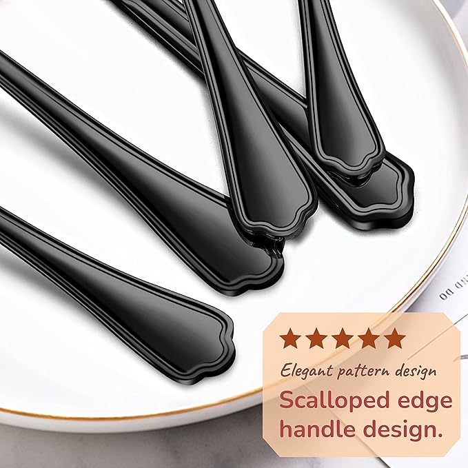 Herogo 40-Piece Black Silverware Set with Scalloped Edge, Stainless Steel Flatware Cutlery Set for 8, Modern Tableware Eating Utensils, Dishwasher Safe, Mirror Polished
