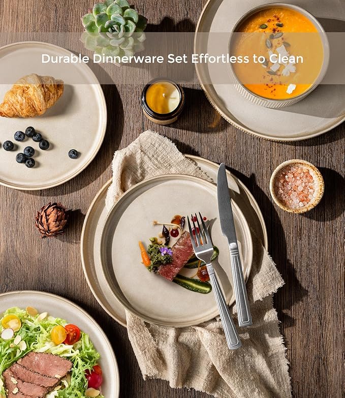 GBHOME 24-Piece Stoneware Dinnerware Set for 8 – Ribbed Ceramic Plates and Bowls, Scratch-Resistant, Microwave & Dishwasher Safe, Reactive Glaze, Cappuccino