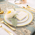 WELLIFE 210 Piece Gold Plastic Dinnerware Set, Include: 30 Dinner Plates, 30 Dessert Plates, 30 Pre Rolled Napkins with Silverware and 30 Cups