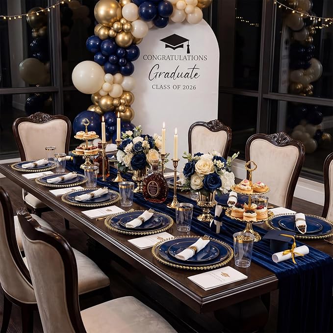 KIRE 350Pcs Blue and Gold Plates -Heavy Duty Navy Blue Dinnerware Set - 100 Plastic Plates 50 Pre Rolled Napkins with Gold Plastic Silverware 50 Cups for Birthday/Wedding/Parties/Passover/Graduation