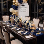 KIRE 350Pcs Blue and Gold Plates -Heavy Duty Navy Blue Dinnerware Set - 100 Plastic Plates 50 Pre Rolled Napkins with Gold Plastic Silverware 50 Cups for Birthday/Wedding/Parties/Passover/Graduation