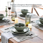 AmorArc Ceramic Dinnerware Sets for 4, 12 Pieces Handpainted Plates and Bowls Set, Scratch Resistant Stoneware Dishes Set, Dishwasher & Microwave Safe, Jade Green