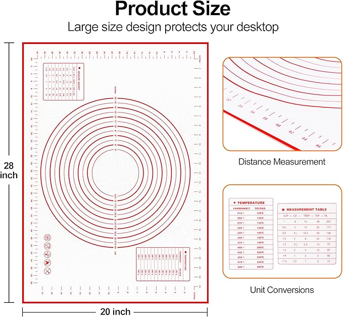 HOOMIL Silicone Baking Mat, Non-Stick, Non-Slip, Extra Large Pastry Mat for Rolling Dough, Bread Pie Crust Pizza Cookies Fondant Making, with Measurements - 28"x20"
