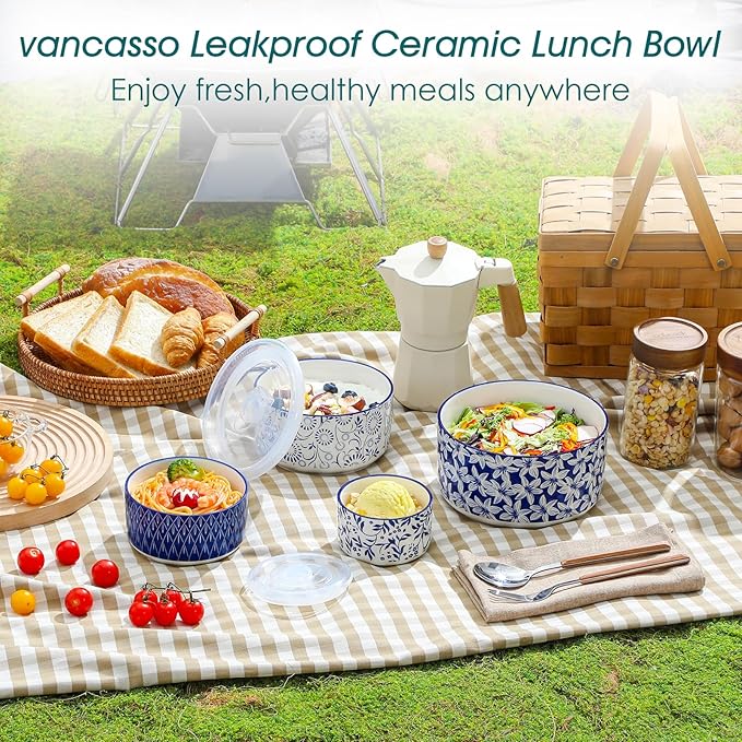 vancasso Ceramic Nesting Bowls with Lids Set of 4, Serving Bowls for Food Storage, Prep Bowl, Ceramic Bowl for Kitchen, Microwave & Dishwasher Safe, 60+36+20+10 Oz, Series SELENE