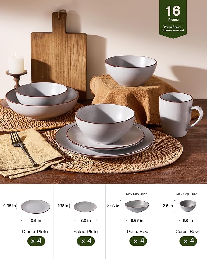 Famiware Venus Speckled Dinnerware Set with Pasta Bowls for 4 (16 Pieces), Stoneware Plates and Double Bowls, Matte Light Gray - Microwave & Dishwasher Safe Dishes with Trim for Everyday & Formal Use