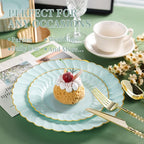 Lullaby 60PCS Sage Green Scalloped Plastic Plates with Gold Rim, Includes 30PCS Dinner Plate 10.25'' and 30 PCS Dessert Plate 7.5'', Green Disposable Plates for Party, Birthdays, Wedding and Daily Use