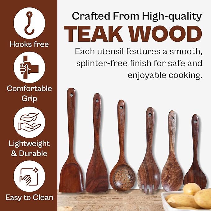 6-Piece Teak Wooden Cooking Utensils Set – Heat-Resistant Spoons & Spatulas | Natural Wood, Non-Stick Safe Kitchen Tools