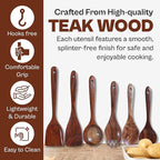 6-Piece Teak Wooden Cooking Utensils Set – Heat-Resistant Spoons & Spatulas | Natural Wood, Non-Stick Safe Kitchen Tools