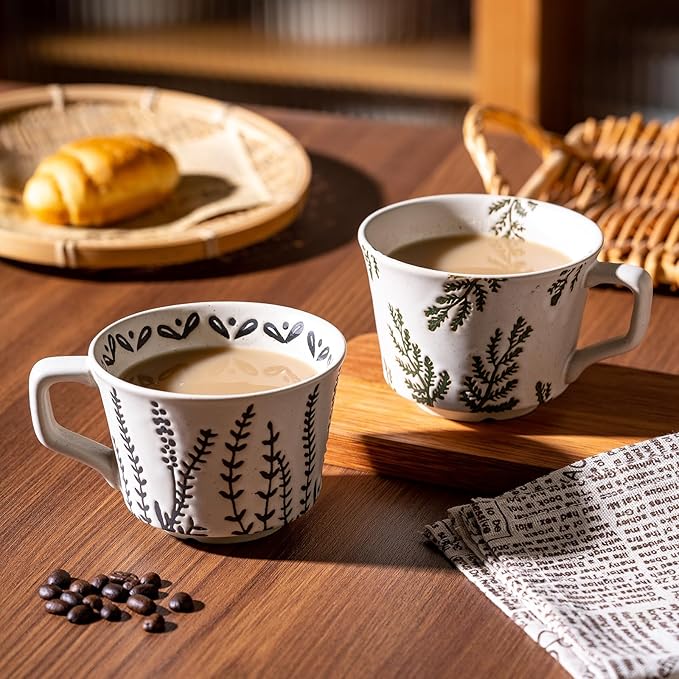 Ceramic Mugs 11 oz Unique Luxurious Cups Set of 4 with Premium Spoon, Mug for Coffee Milk Latte Cappuccino Tea, for Office Home Dishwasher Birthday Gift Microwave Freezer Safe Stoneware Mixed